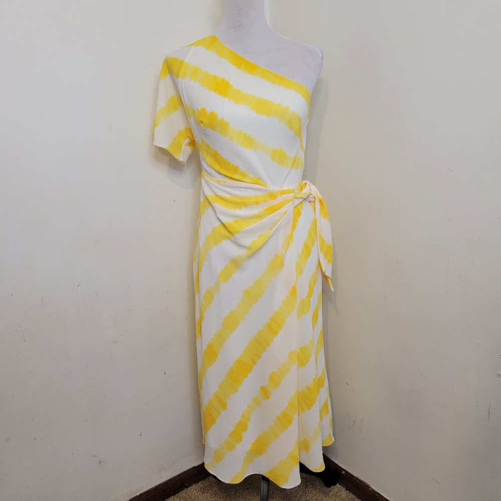 Lauren Ralph Lauren Petite One-Shoulder Yellow White A-Line Casual Dress Size 4P